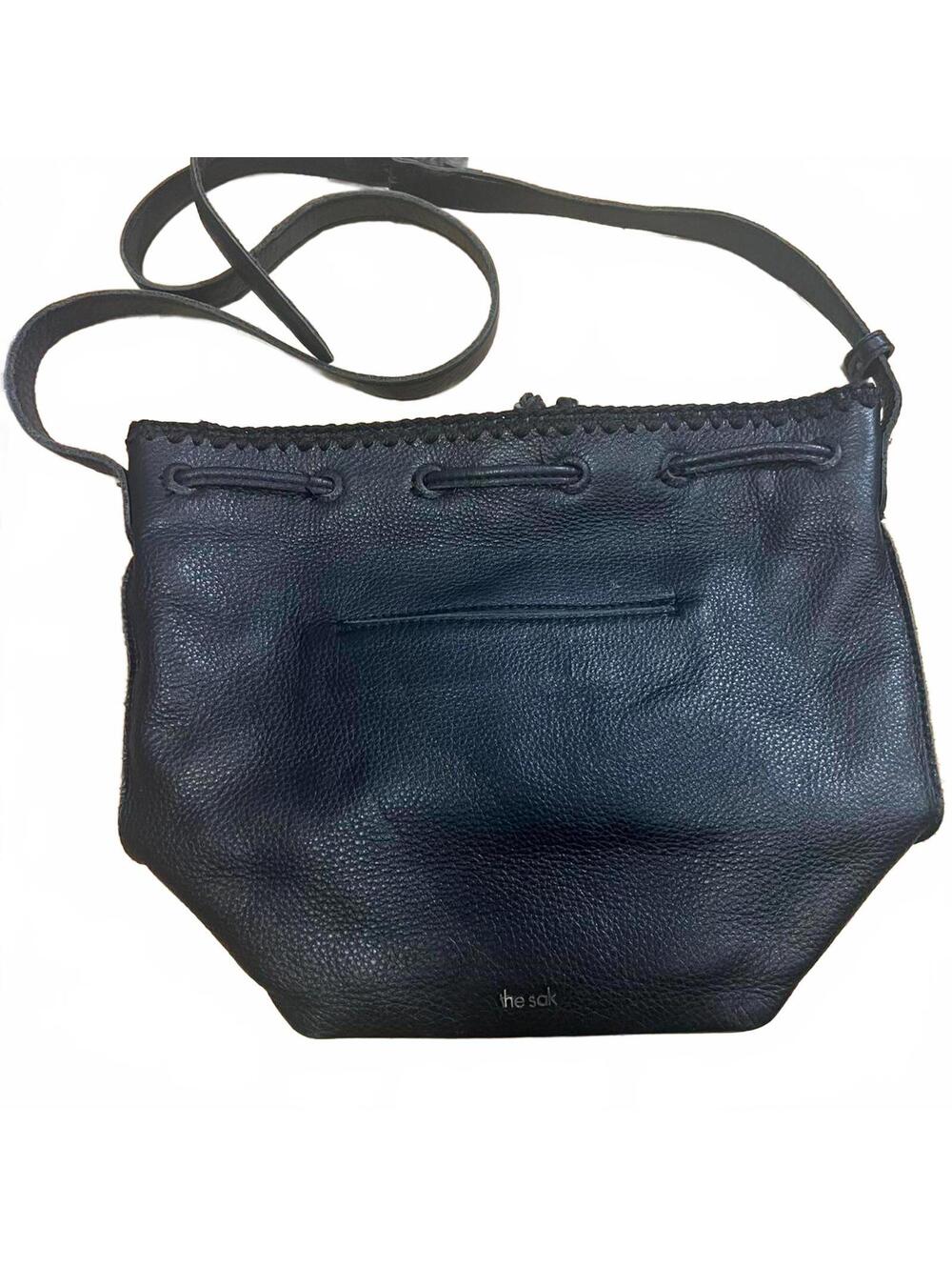 The Sak Black Genuine Leather Bucket Bag with Drawstring Top and Adjustable Strp